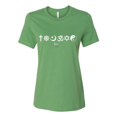 One Love Women's Tee with religious symbols from Christianity, Islam, and Judaism, promoting peace, love, and religious harmony. 100% cotton relaxed fit shirt in Green